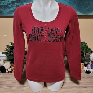 Harley Davidson Women's Red Thermal Long Sleeve Henley Shirt Size L Biker scoop